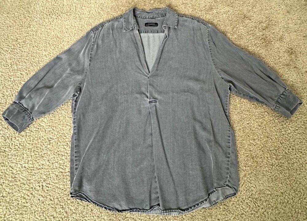 Zara Woman Premium Denim Lyocell Tunic Top Gray V Neck 3/4 Sleeve Medium M